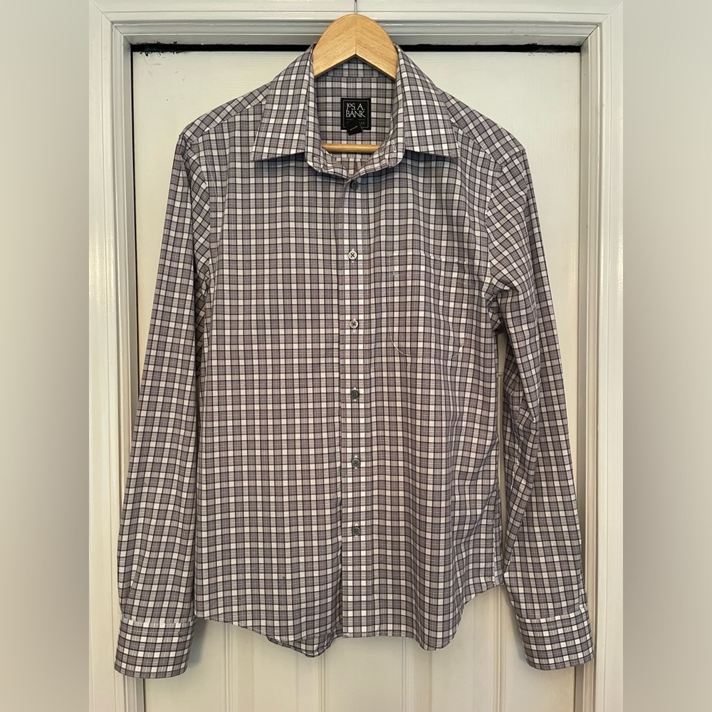 JOS. A. BANK Dress Shirt Gray Traveler Slim Fit Collar Checked Men's Size Medium